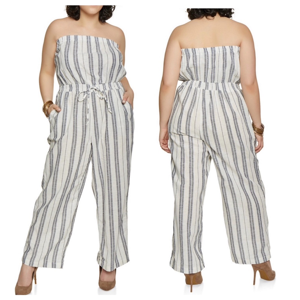 NEW• Zen Bohemian•Modern Minimalist Striped Linen Style Jumpsuit•1X-2X
